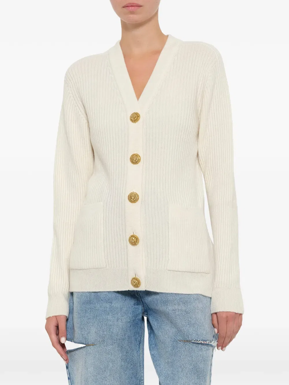 Кардиган в рубчик с пуговицами Balmain, нейтральный — фото 4