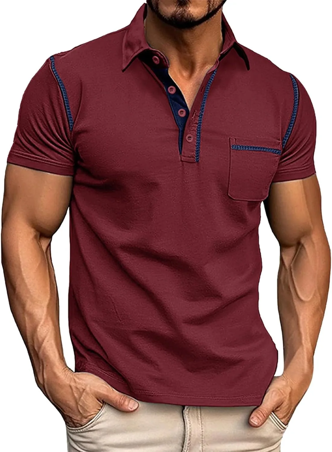 Мужская летняя поло с коротким рукавом V-образным вырезом и карманом Blocked Color Slim Fit