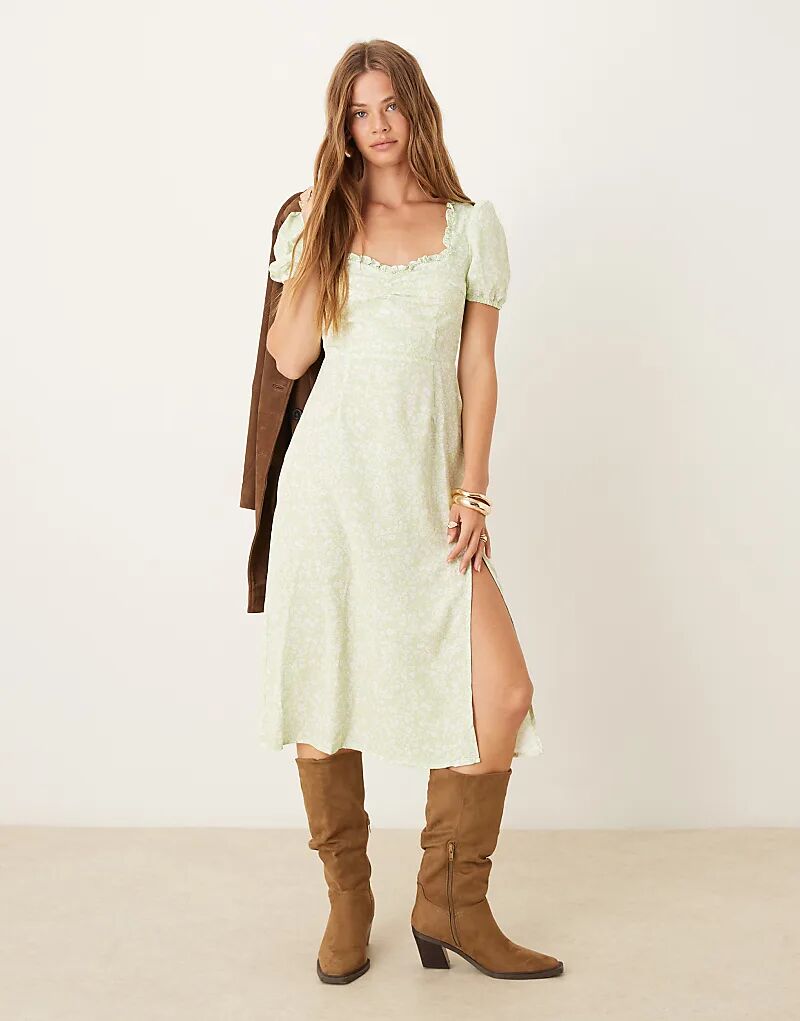 

Glamorous платье миди с короткими рукавами и воротником-рюшами в зеленом меланжевом узоре