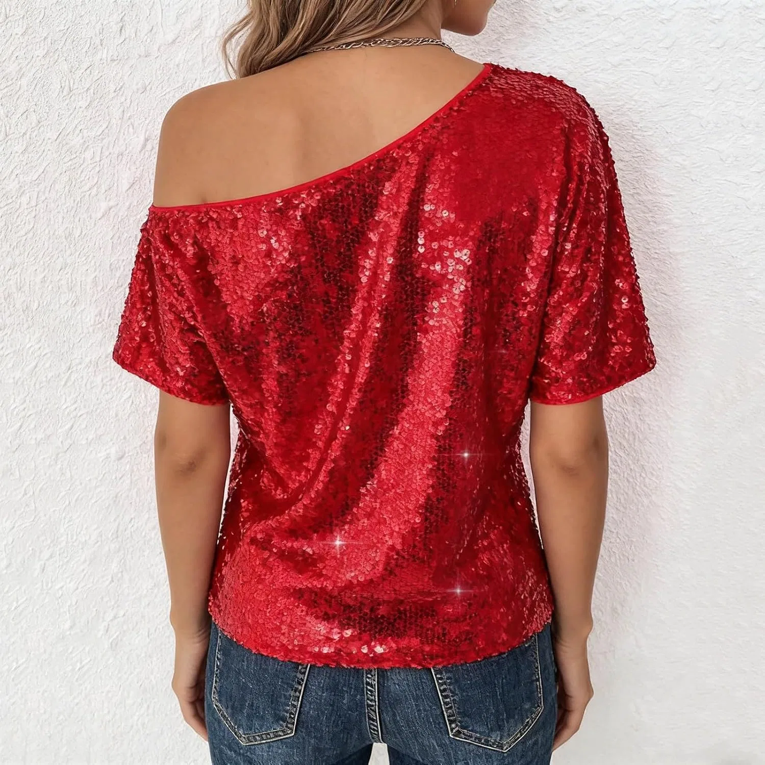 Off Shoulder топ с пайетками для женщин, блестящий с коротким рукавом, сексуальный нарядный верх для праздничных образов 2026 Generic, красный — фото 2