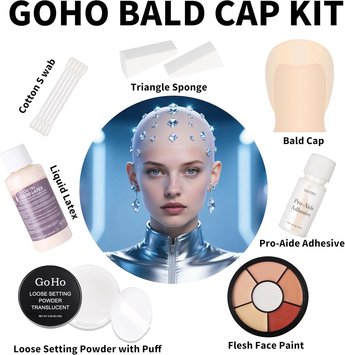 Грим-набор для лысой головы Halloween Professional Bald Cap SFX Kit, Go Ho, 8 предметов, 169 г — фото 2