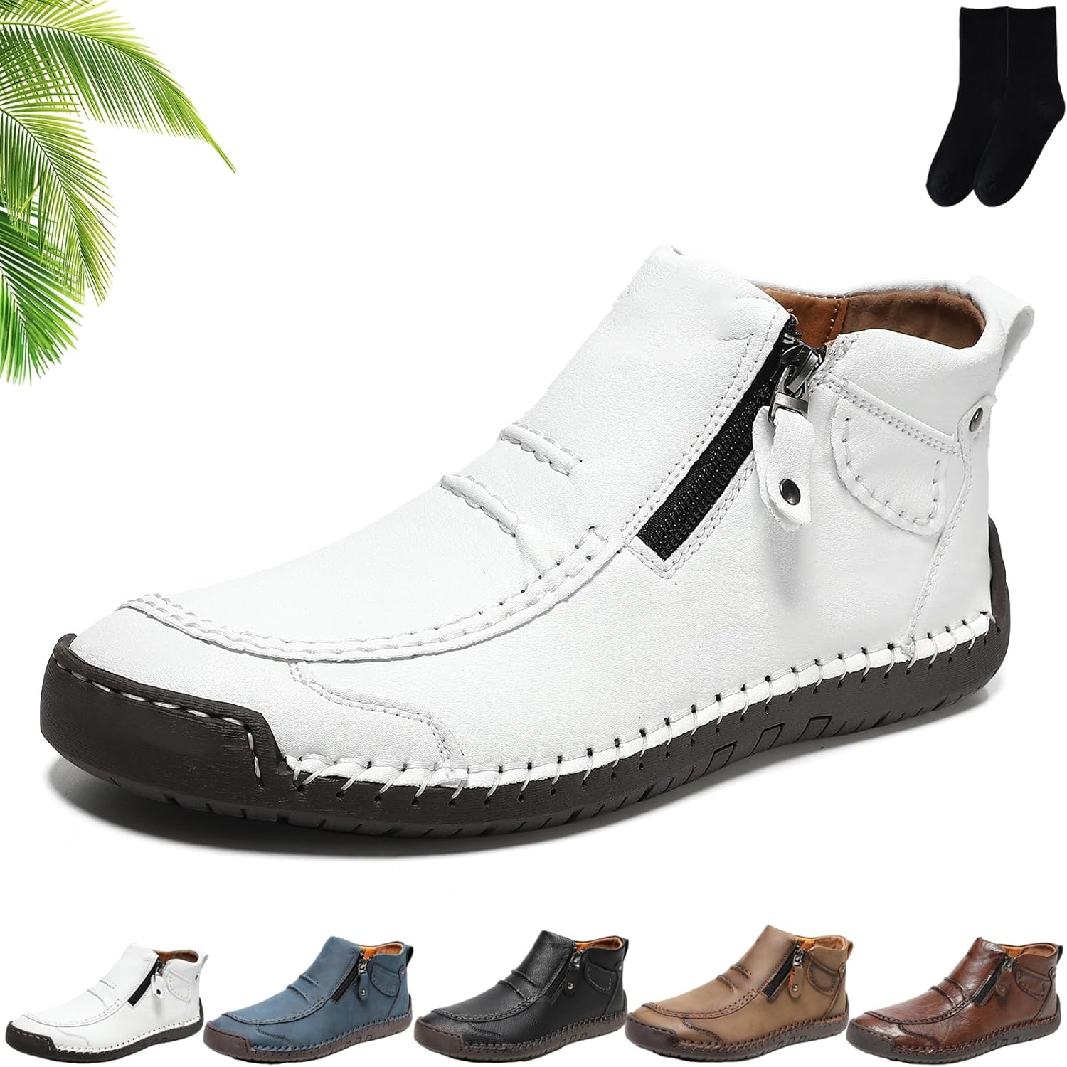 

Мужские удобные сандалии для вождения из ручной работы из кожи с боковой молнией, мужская обувь ручной работы с ортопедической стелькой, повседневные удобные средние ботинки на плоской подошве с поддержкой свода стопы Xylawave, белый