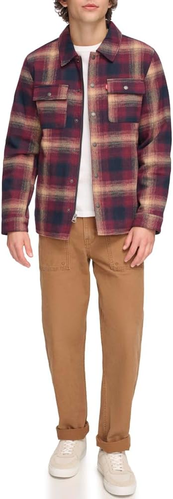 

Мужская клетчатая куртка-рубашка Levi's с капюшоном и подкладкой из шерпы (стандартные размеры, большие и высокие), Red Ombre Plaid