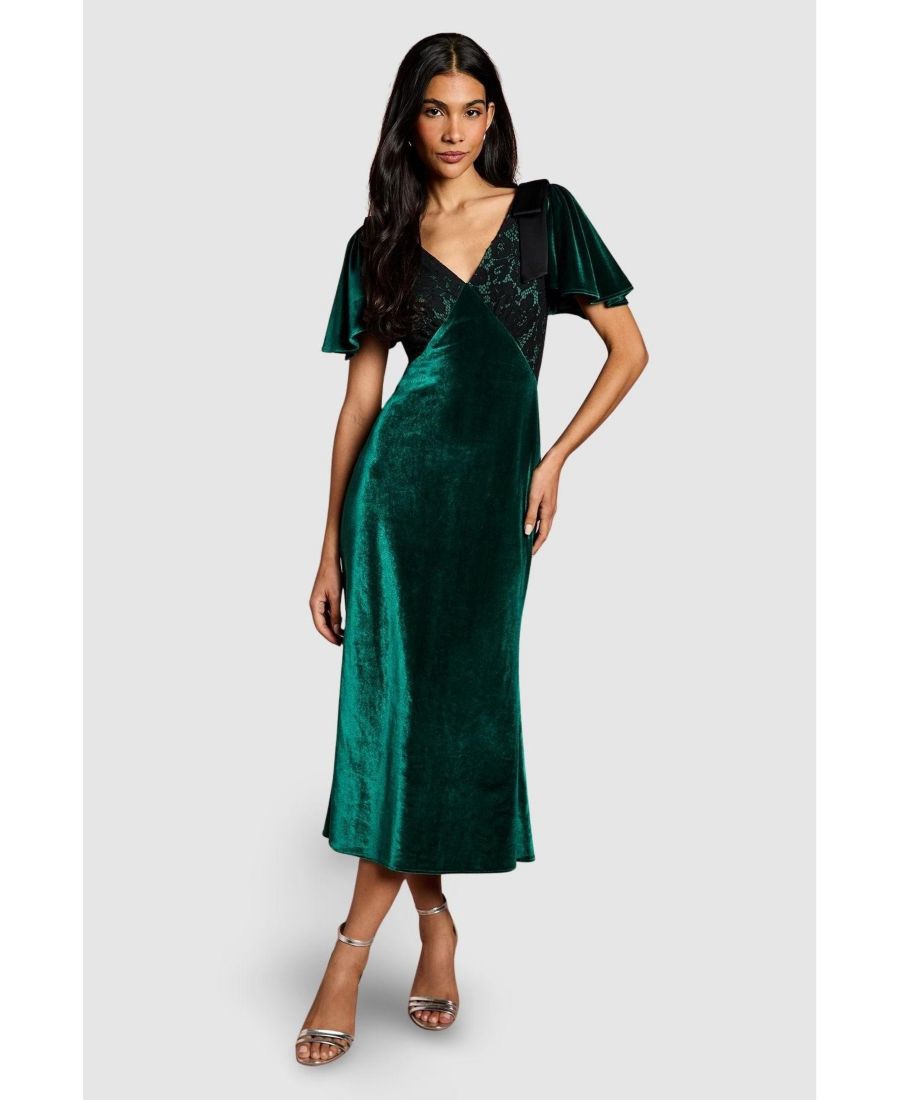 

Женское миди-платье из бархата и кружева с короткими рукавами Coast, Emerald