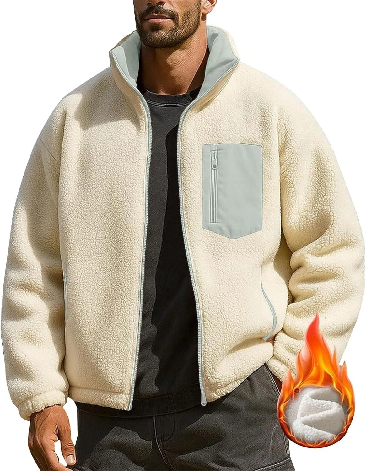 Мужская зимняя куртка Reversible Lightweight Thermal Outwear утепленная подкладкой из шерпы Cozy Sherpa Fleece Lined Coat теплый ветрозащитный Windbreaker Generic, зеленый — фото 4
