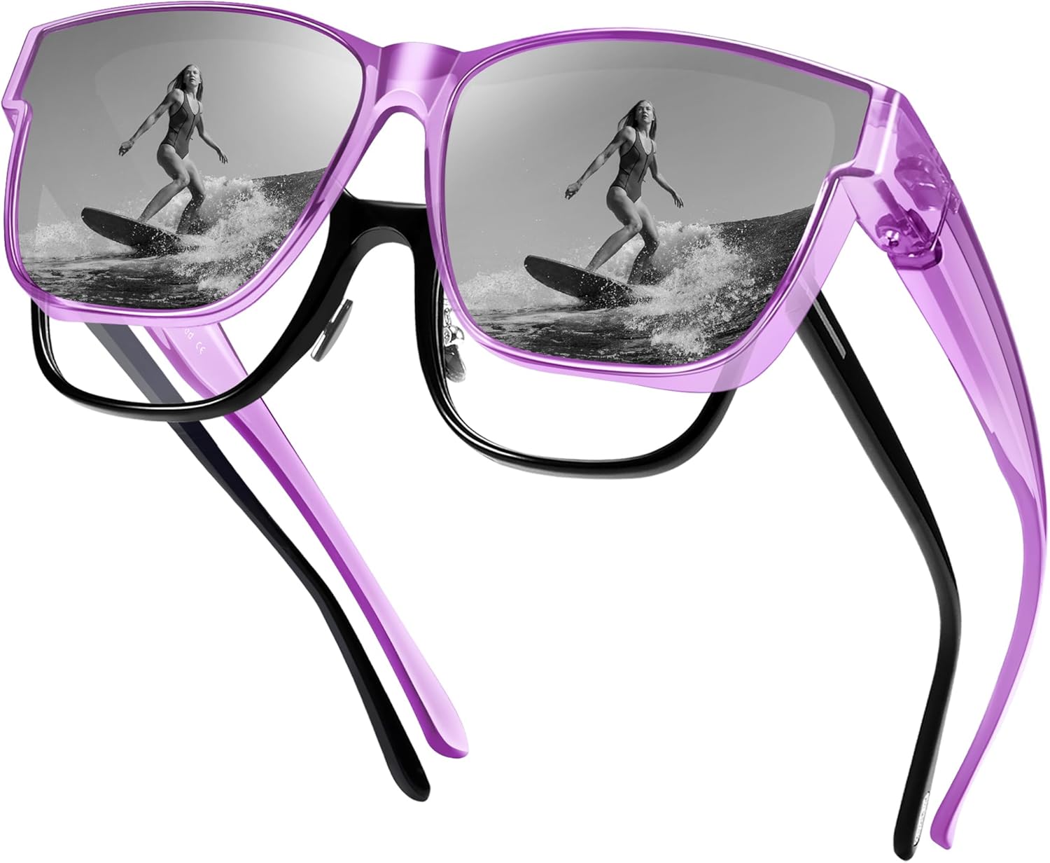 

Поляризованные солнцезащитные очки URUMQI, надеваемые поверх обычных очков, для мужчин и женщин, большие квадратные очки с защитой от УФ-излучения UV400, 04 Transparent Purple Frame/Grey Lens