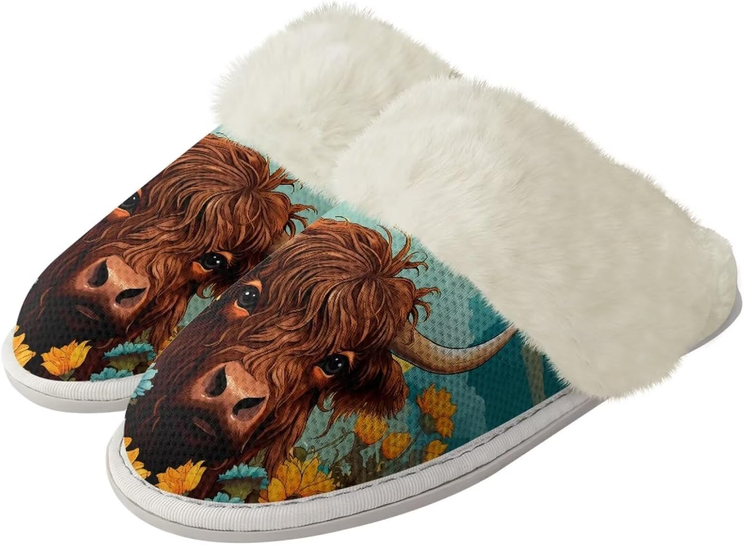 

Домашние тапочки Watdotory для женщин и мужчин, зимние, с закрытым носком, теплые, на плоской подошве, унисекс, повседневные, дышащие, мягкие плюшевые, для ванной и дома, Highland Cow Flower