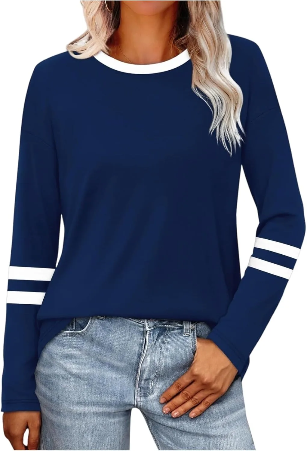 

Длинная футболка с длинным рукавом для женщин Color Block Casual Crewneck Kvsozwuty