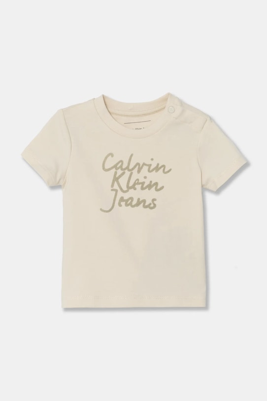 

Детская хлопковая футболка Calvin Klein Jeans, бежевый