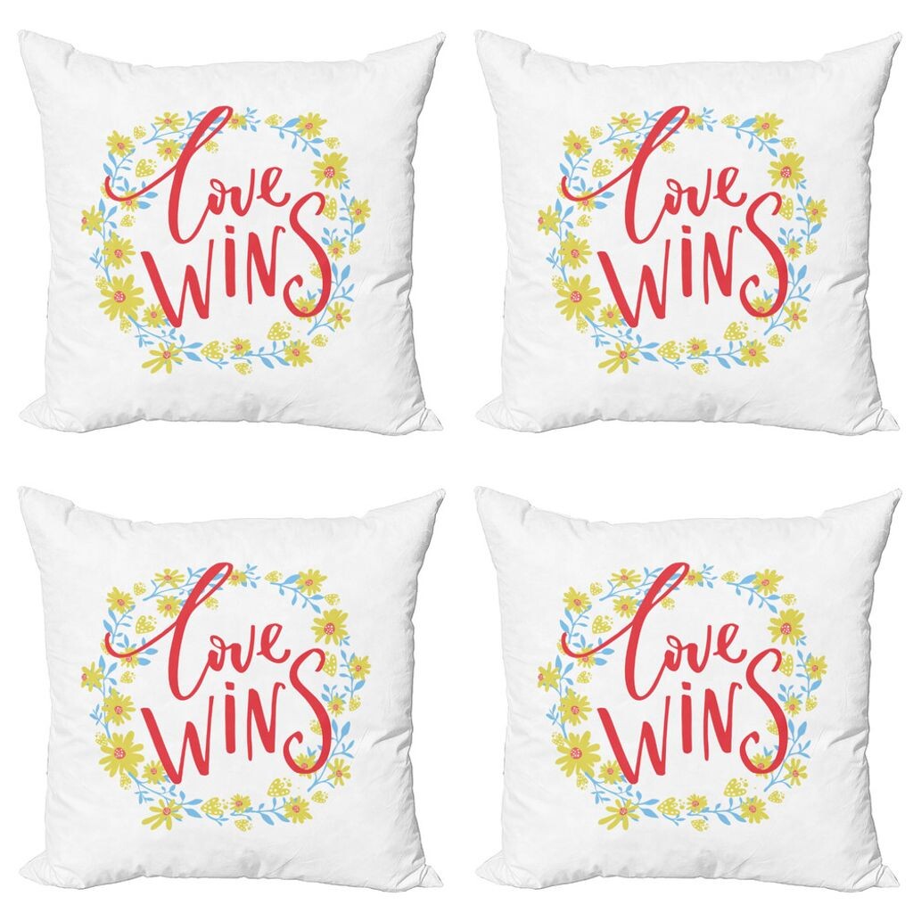 

ABAKUHAUS Романтический комплект чехлов на подушки (4 предмета), цветочный венок Love Wins, современная двусторонняя цифровая печать, 60 см x 60 см, красный, желтый, небесно-голубой