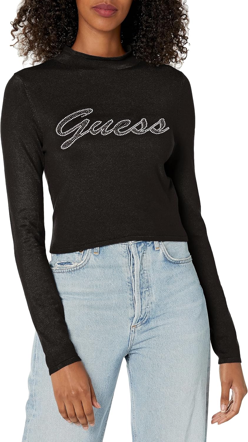 

GUESS женский свитер с длинным рукавом и логотипом из страз, Jet Black