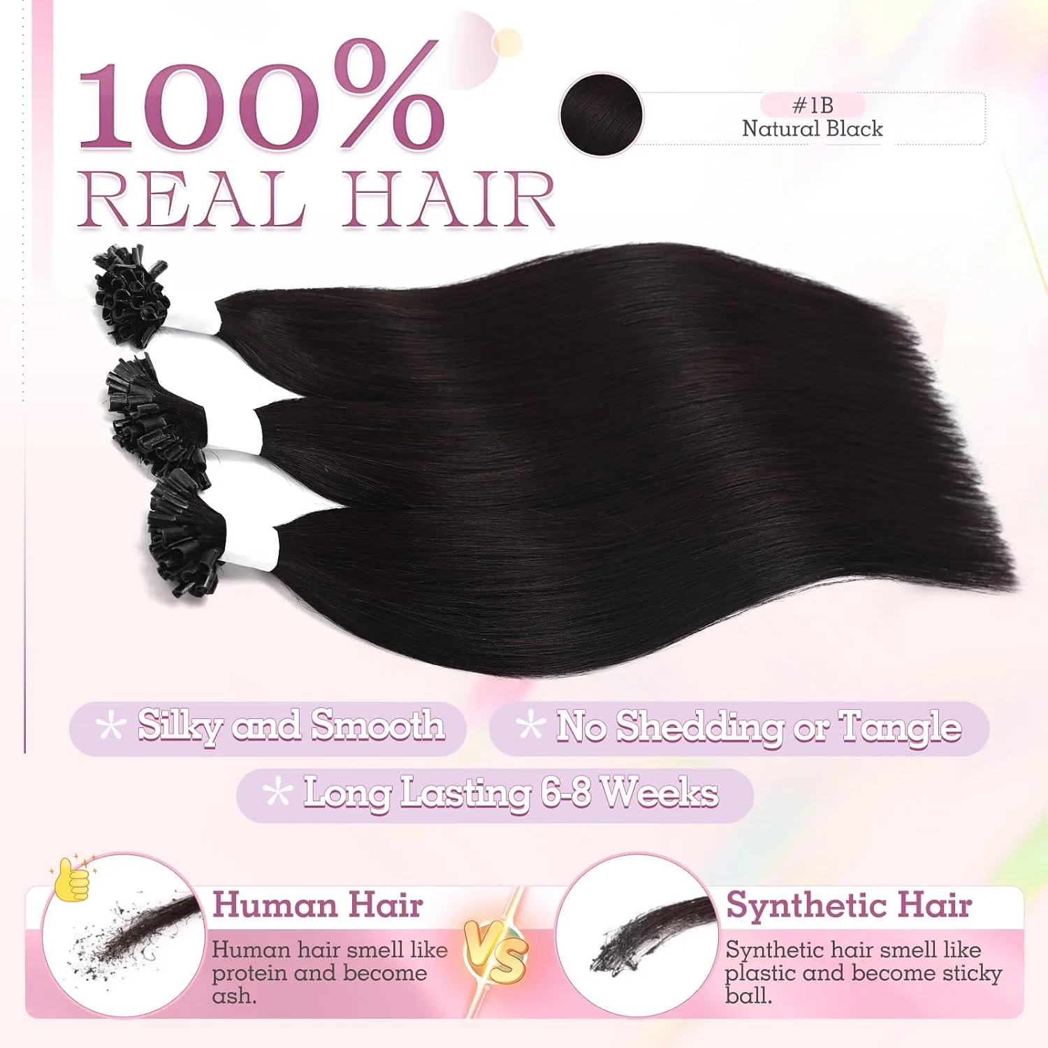 Накладные волосы Elailite Real Hair Extensions Bondings U-tip, кератиновые, прямые, 25 прядей, 25 г, 55 см, черные Elailite, #1B Natural Black — фото 3