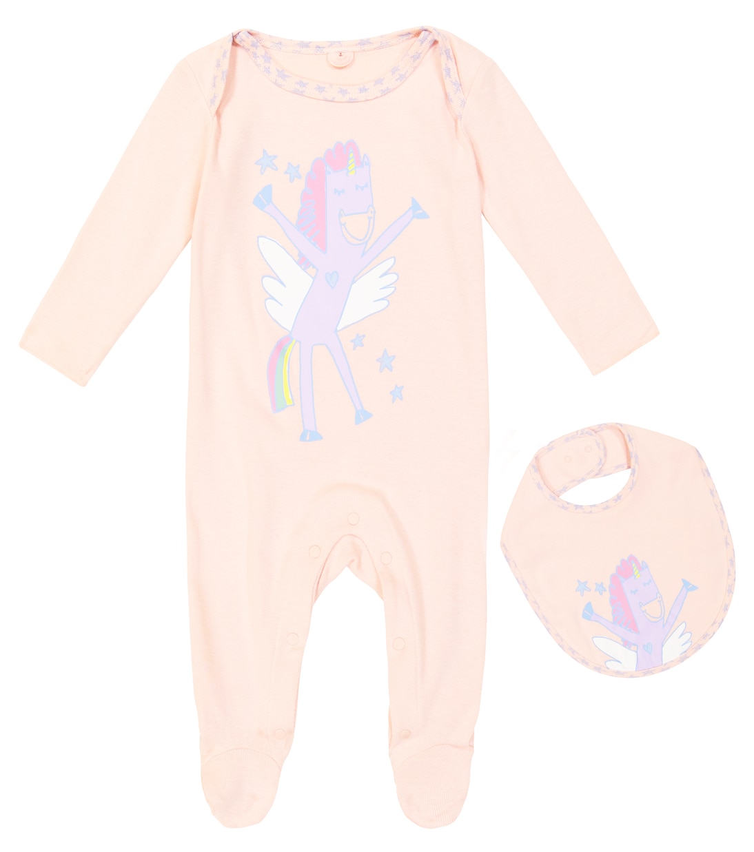 

Детский комплект из хлопкового трикотажа: комбинезон и нагрудник Stella McCartney Kids, розовый