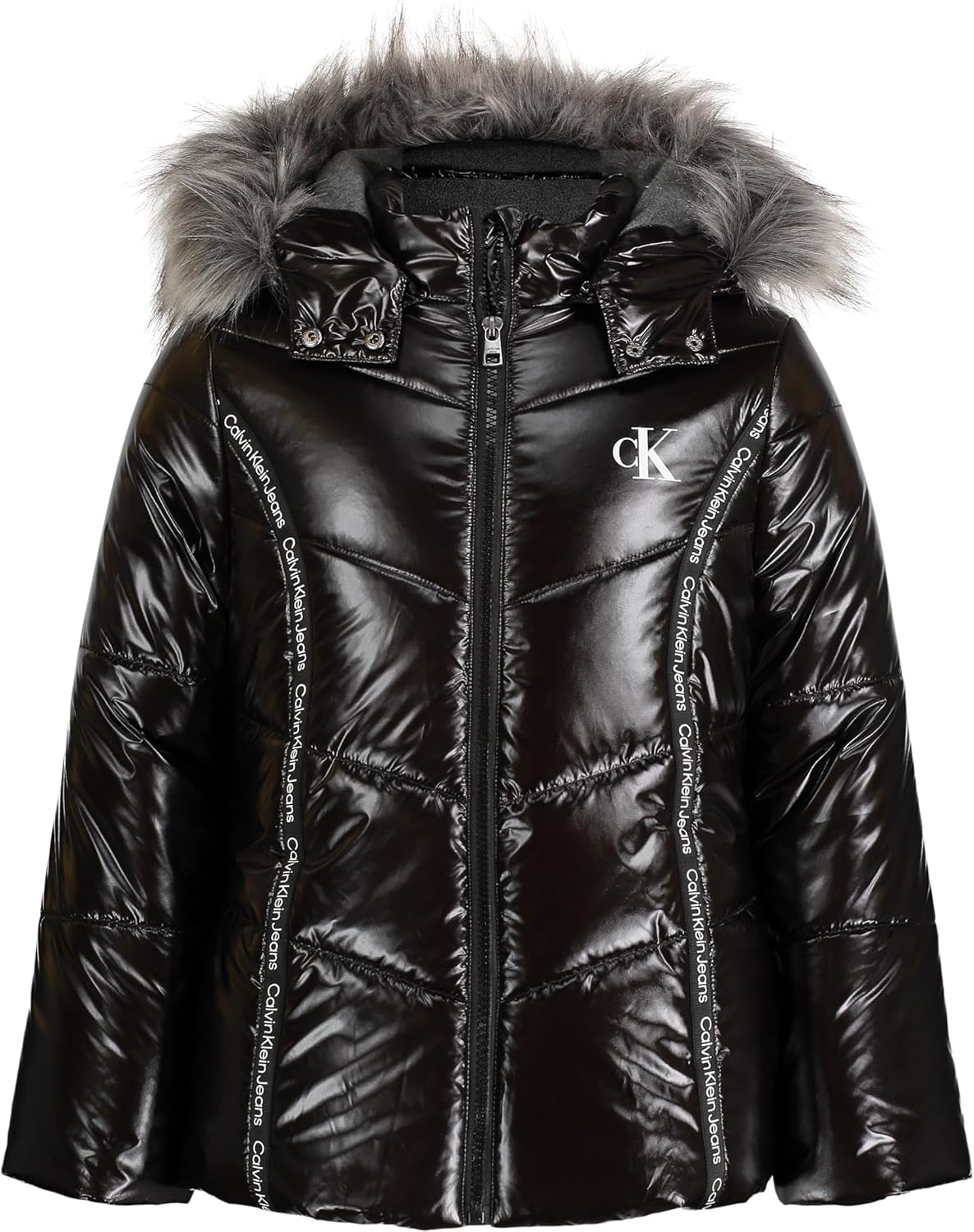 

Зимняя куртка-пуховик Calvin Klein для девочек с капюшоном, длинное плотное пальто с флисовой подкладкой, Black Logo Tape