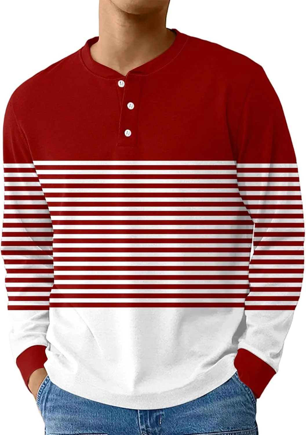 

Мужская футболка с длинным рукавом Casual Henley Button Top, легкая, свободного кроя, в горизонтальную полоску FQZWONG