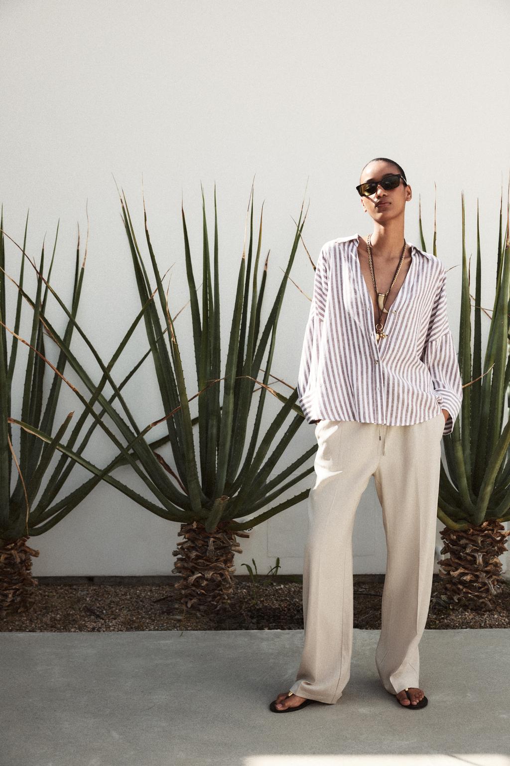 

Льняная рубашка с широкими рукавами ZARA, цвет brown/white