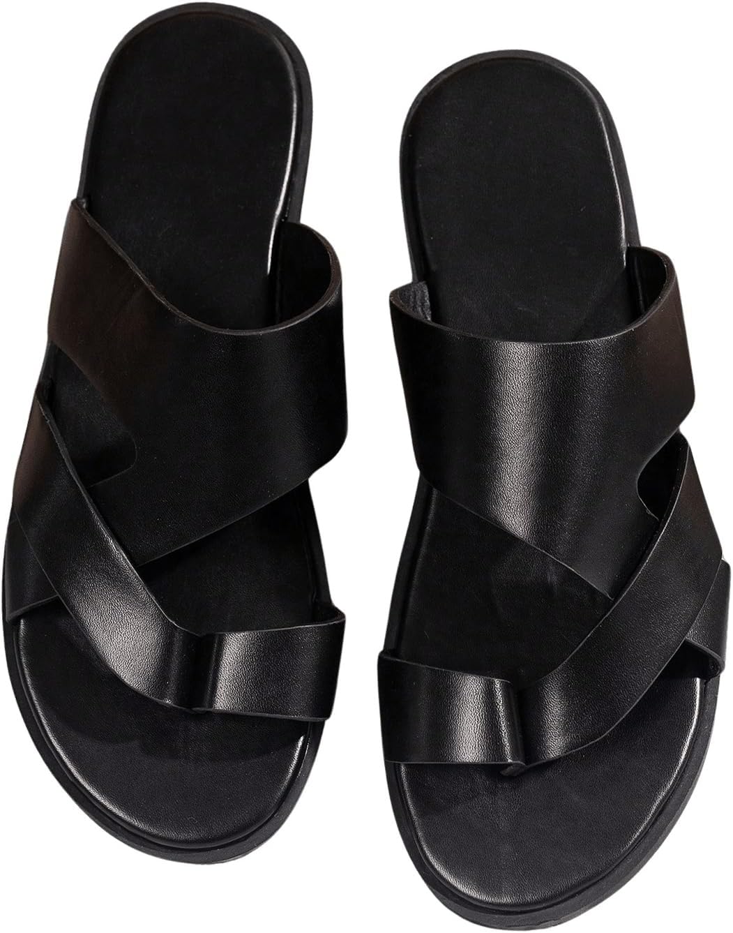 

Мужские домашние тапочки GORGLITTER кожаные сандалии 2025 года, круглые шлепанцы, слипоны из ПУ, черный