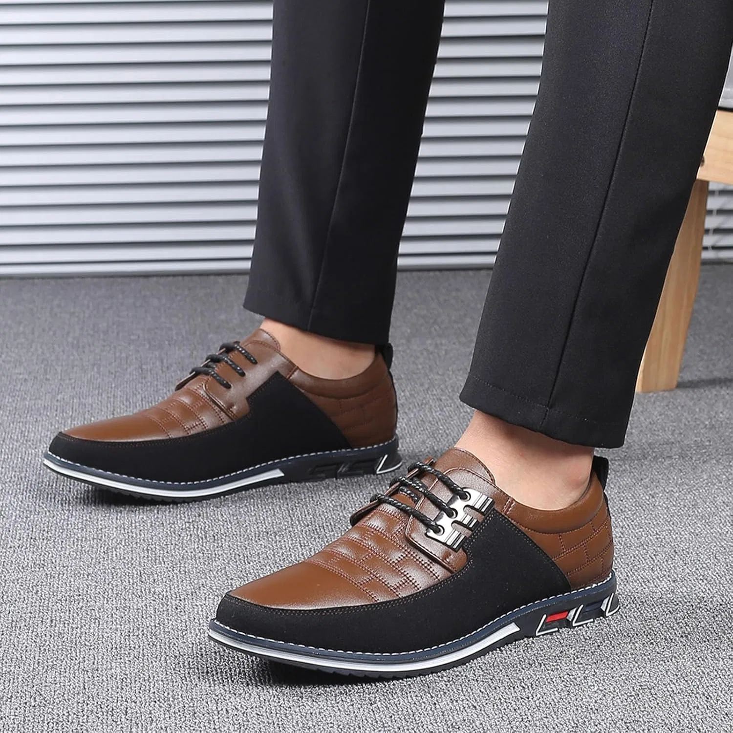Мужские кожаные туфли Generisch Fashion с удобными и дышащими шнурками для отдыха и деловых встреч, Brown — фото 3