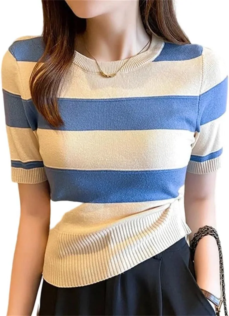 

Женская полосатая футболка с коротким рукавом и круглым вырезом