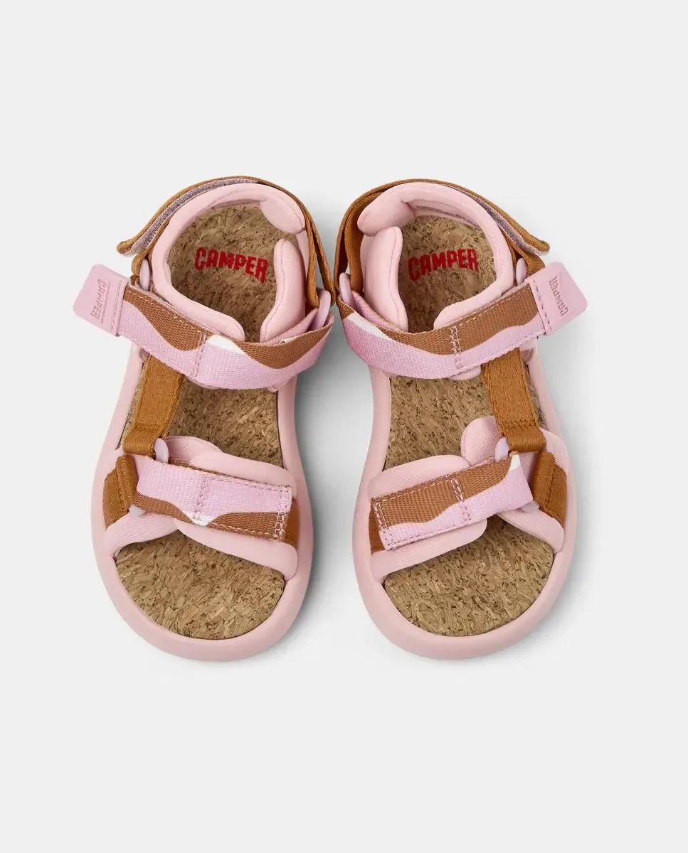 Открытые сандалии для девочек Pelotas Flota с подошвой из природного материала Camper, Rosa/Chocolate — фото 3