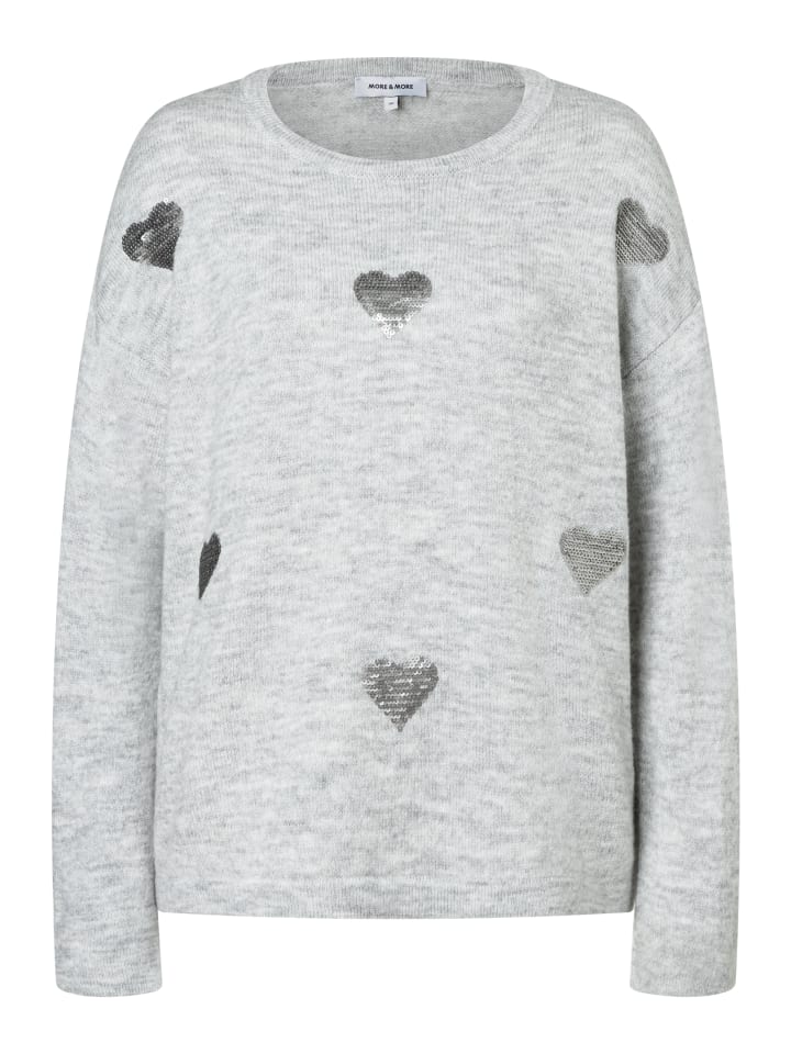 

Милый, мягкий свитер с сердечком, расшитый пайетками, серебристо-серого меланжевого цвета More & More