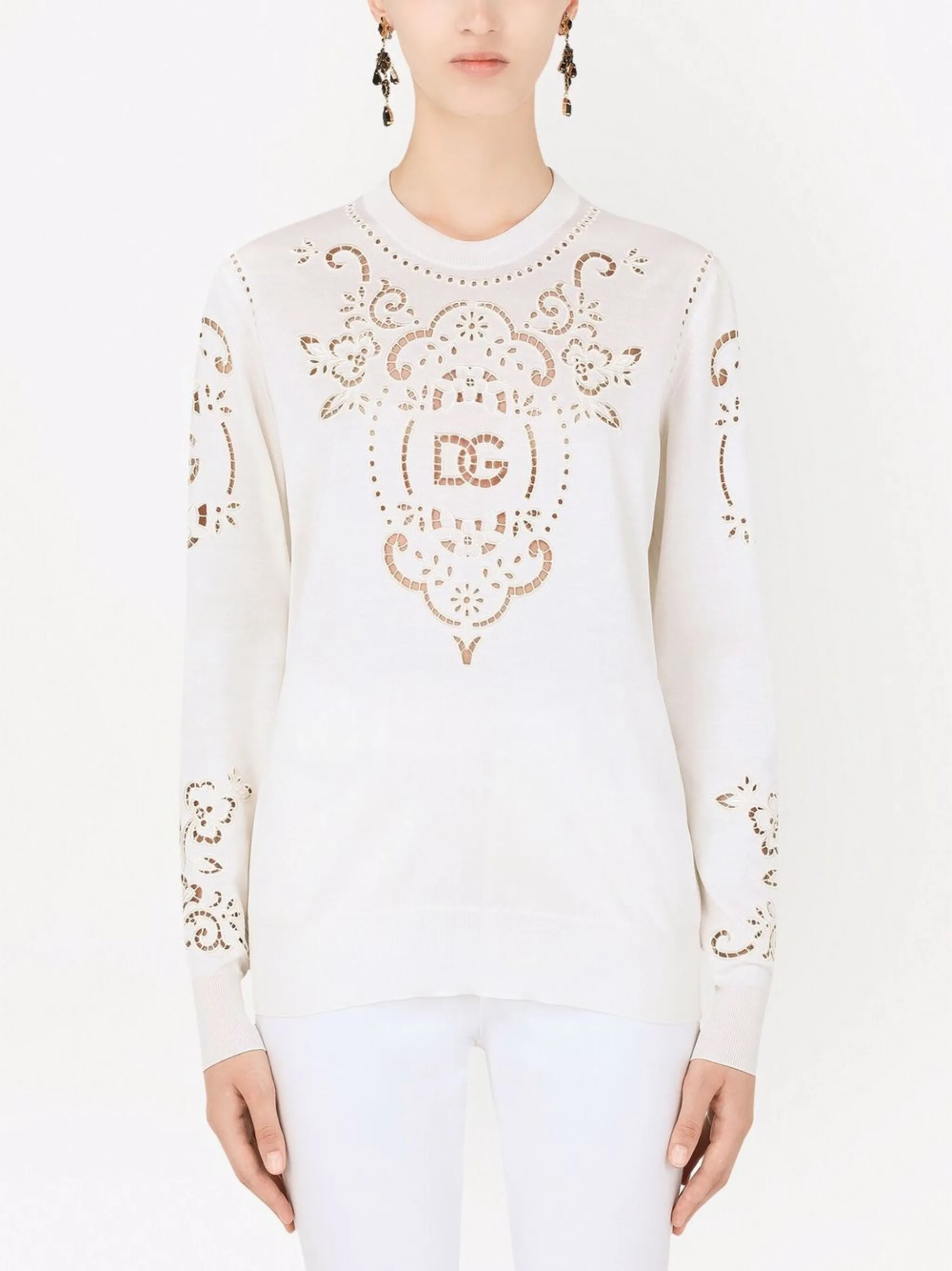 Шелковый джемпер с вышивкой Dolce & Gabbana, белый — фото 3