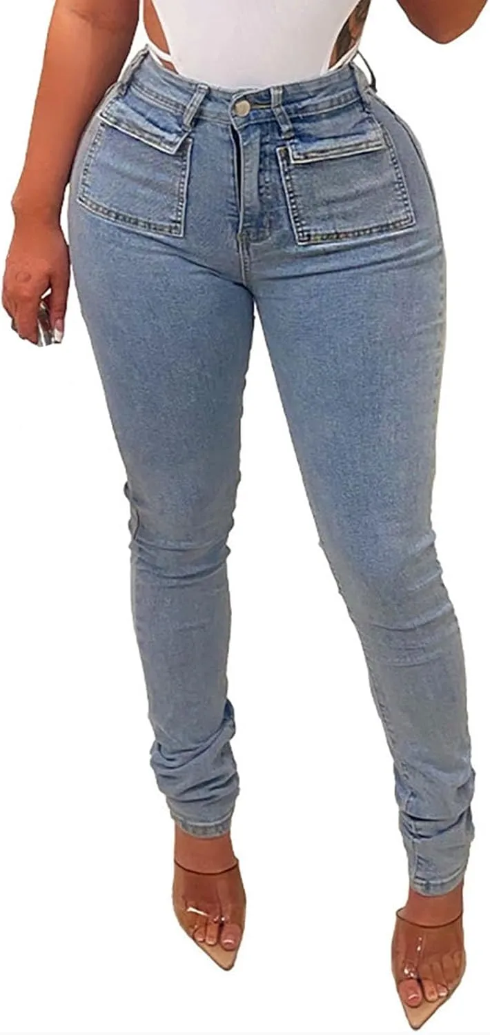 

Uillui Pencil Jeans для женщин, Slim Fit, Stretchy, Skinny, High Waist, с инкрустацией жемчугом