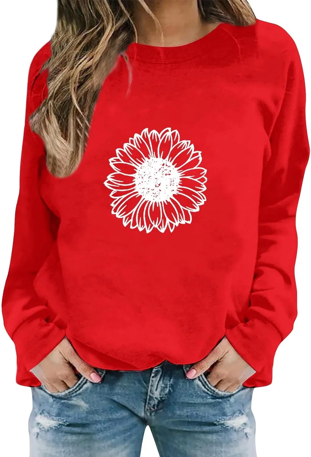 Блуза свободная с принтом подсолнухов, Ladies Loose Blouse, красный