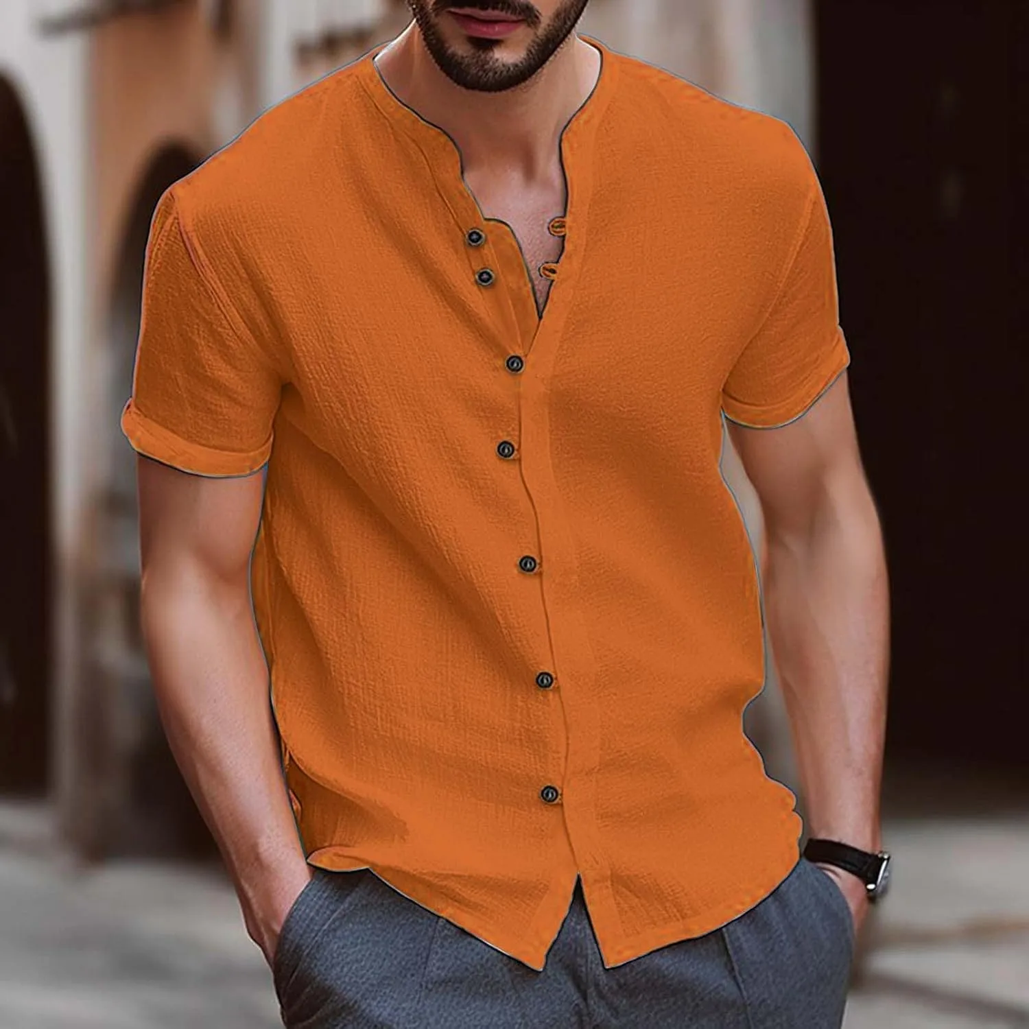 Мужская льняная рубашка с коротким рукавом на пуговицах casual regular fit для делового стиля лето пляж отпуск Generic, оранжевый — фото 3