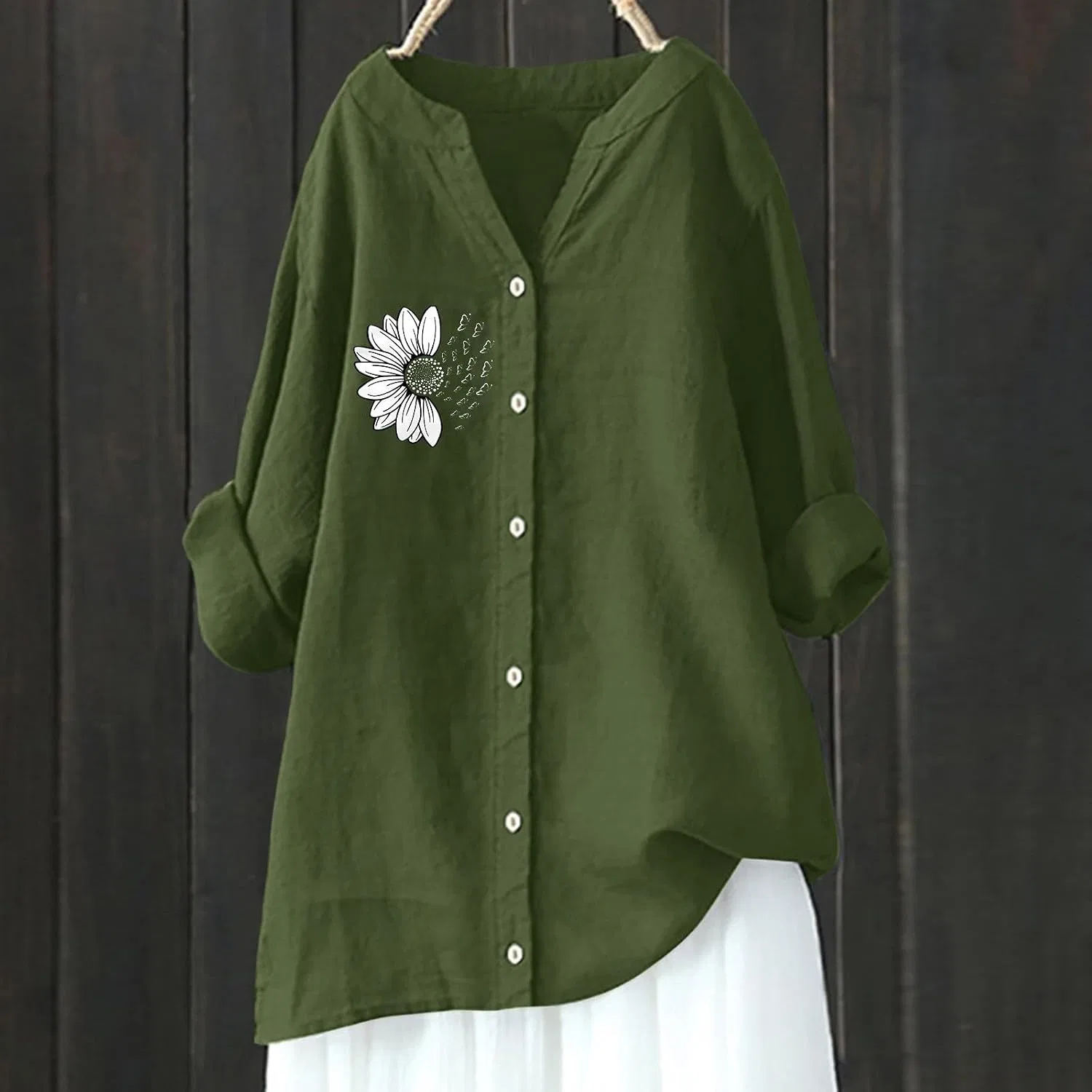 Блуза с цветочным принтом, Women Cotton Linen Top, зеленый — фото 3