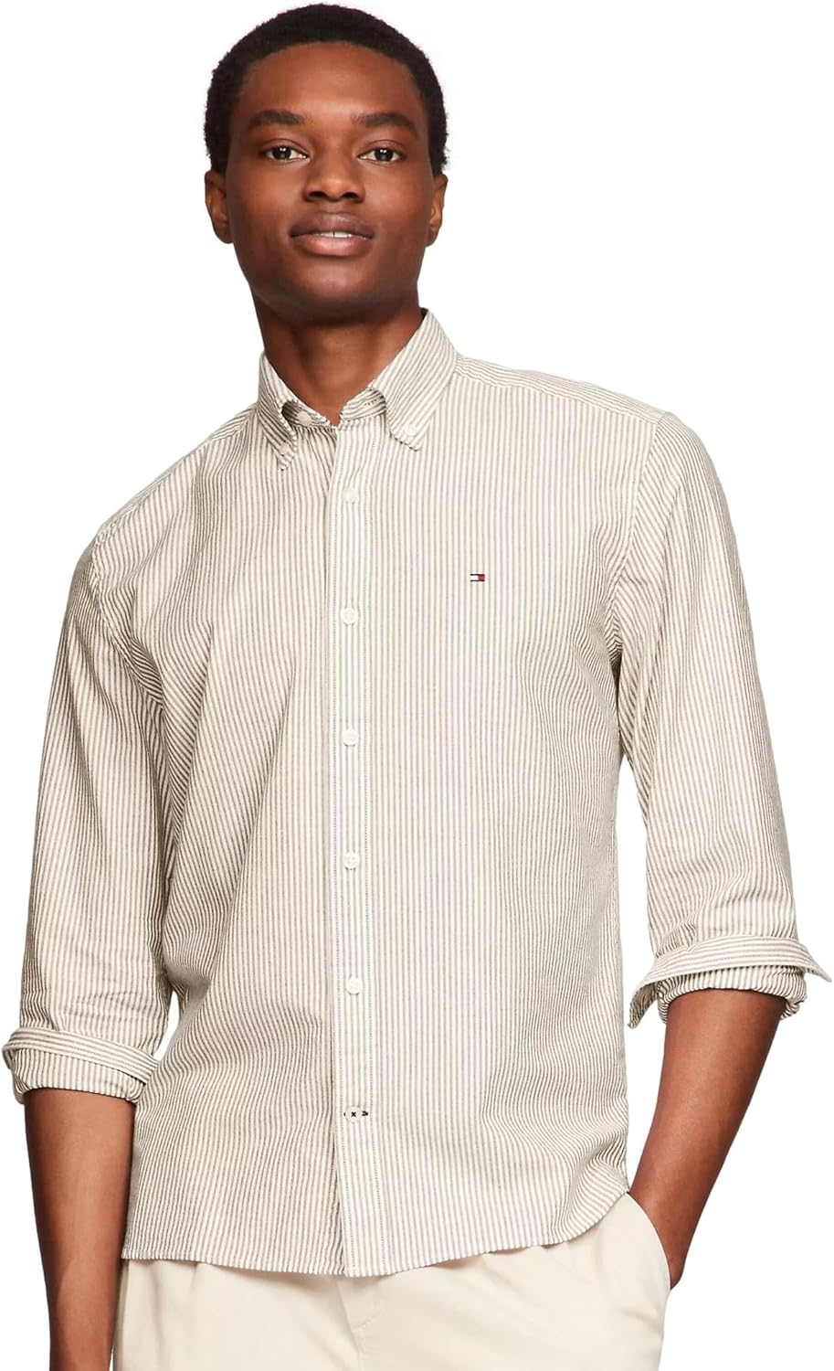 

Мужская фирменная рубашка TOMMY HILFIGER с длинным рукавом и застежкой на пуговицы, классического кроя, коллекция 2025 года, Stripped Classic Beige.