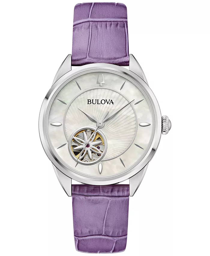 

Женские автоматические часы с фиолетовым кожаным ремешком 34.5 мм Bulova