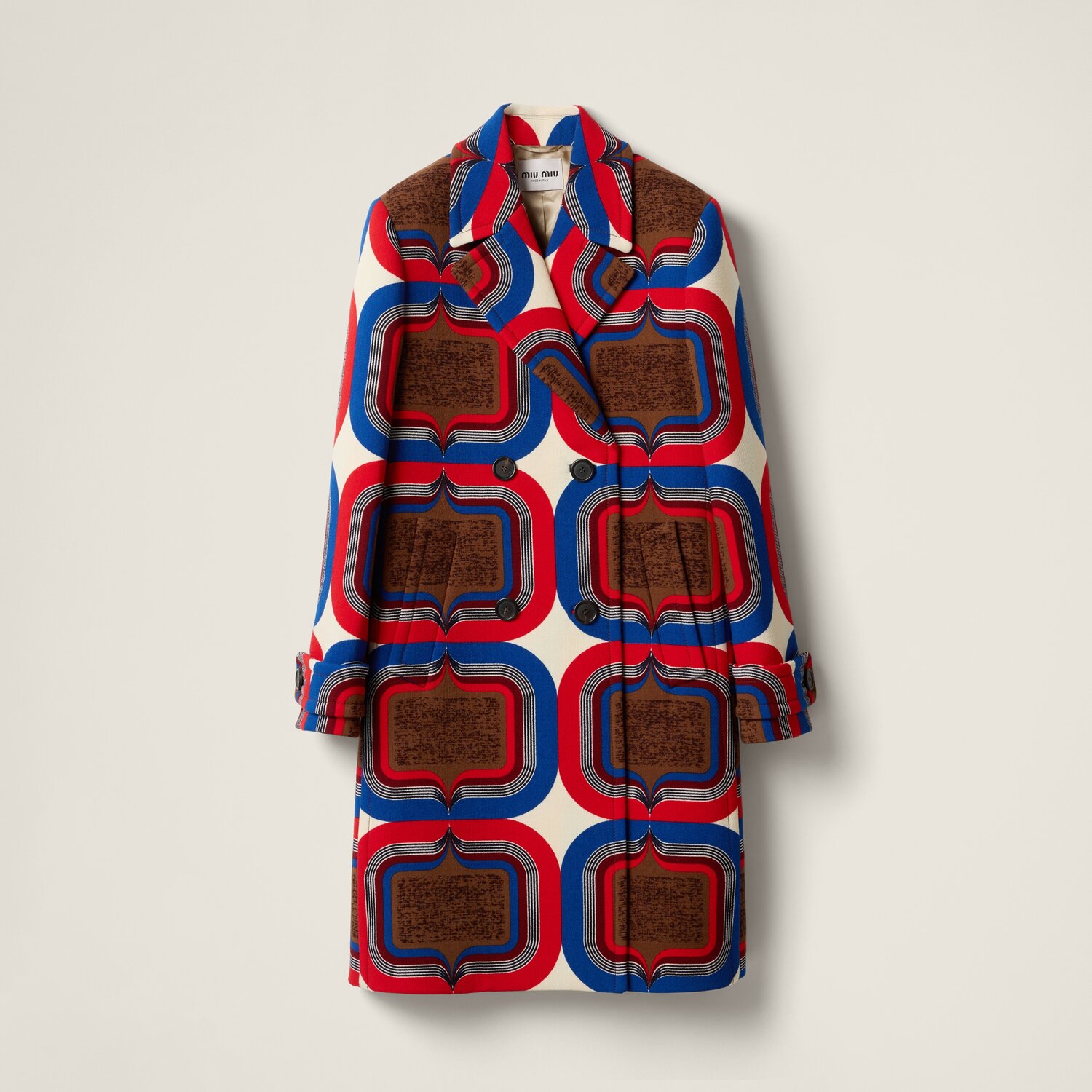 

Двубортное пальто из принтованного натте MIU MIU, слоновая кость + табачный