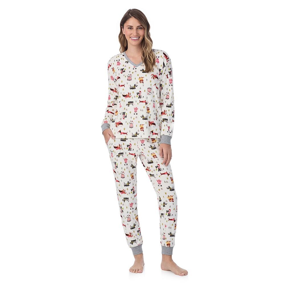 

Комплект Petite Cuddl Duds из велюрового флиса с v-образным вырезом и пижамными штанами, цвет Cream Dog