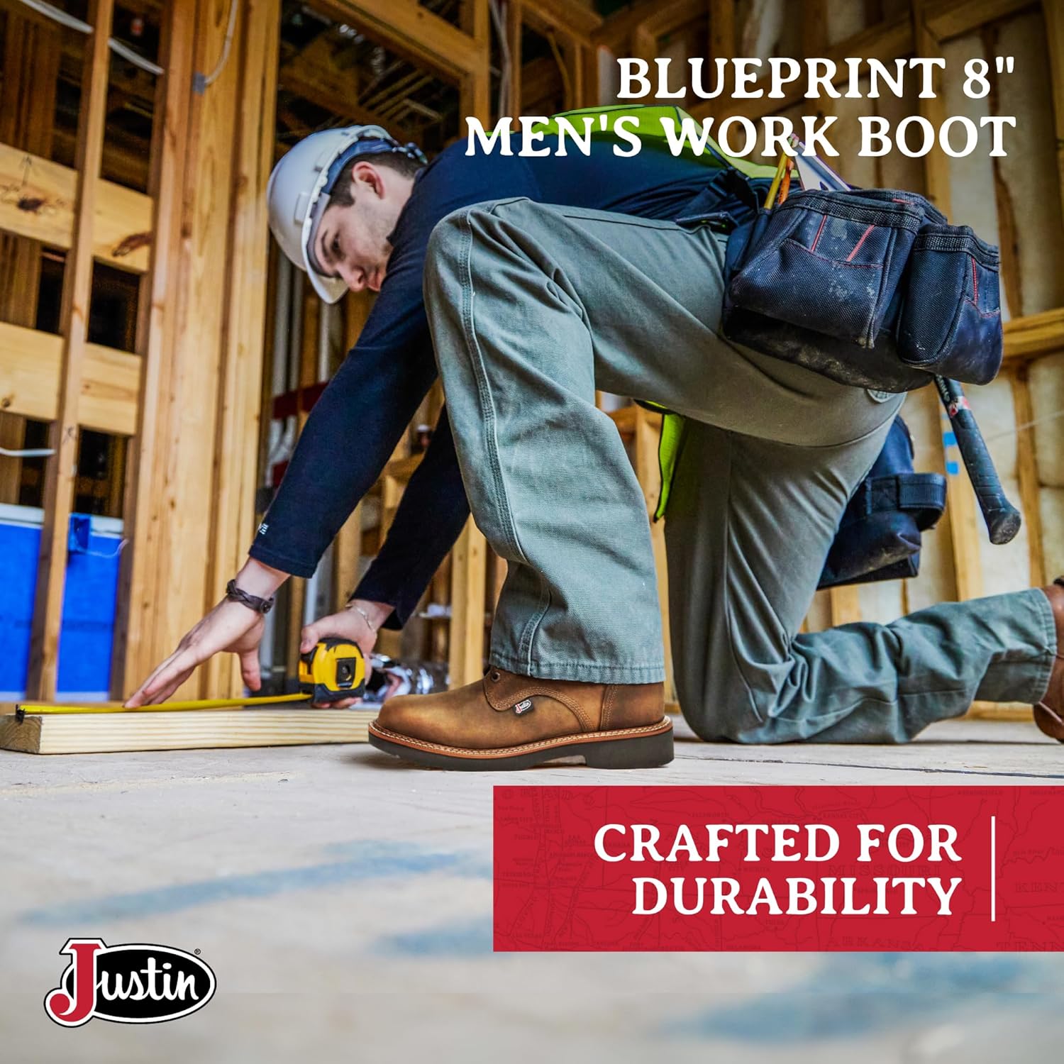 Ботинки для мужчин Justin Blueprint 8 - круглый носок, верх из цельнозерновой кожи с шнуровкой, подошва из резины, устойчивая к маслу и скольжению, Tan Gaucho — фото 2