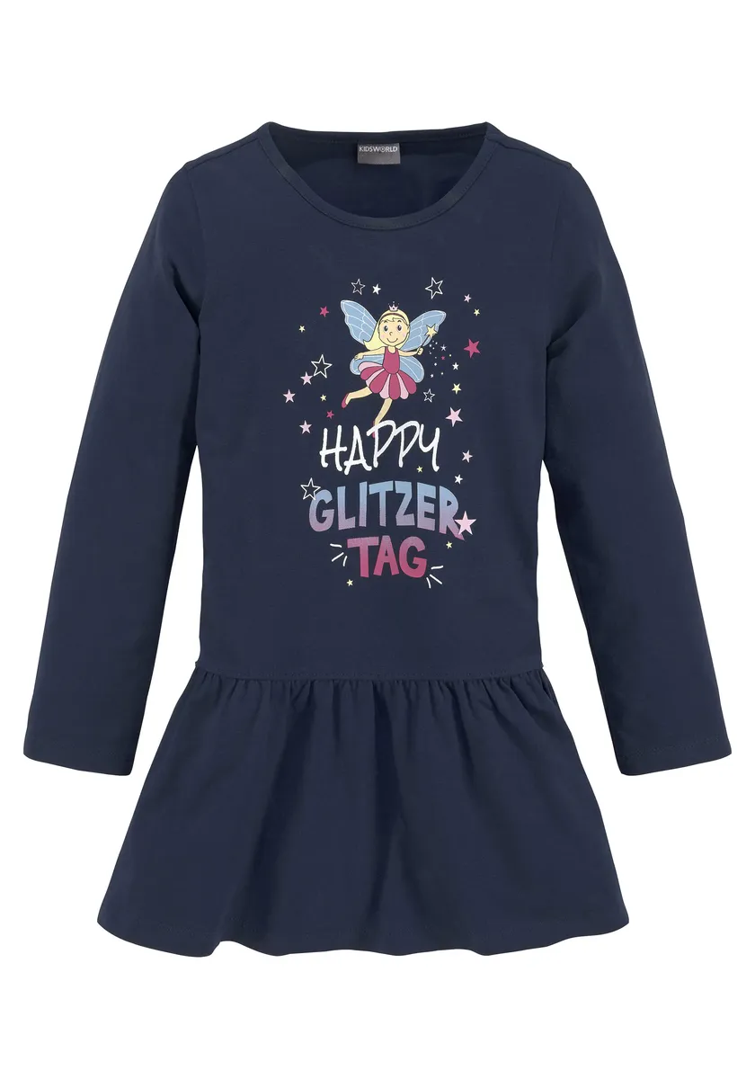 

KIDSWORLD трикотажное платье "HAPPY GLITZER DAY" с блестящим принтом, цвет морской волны