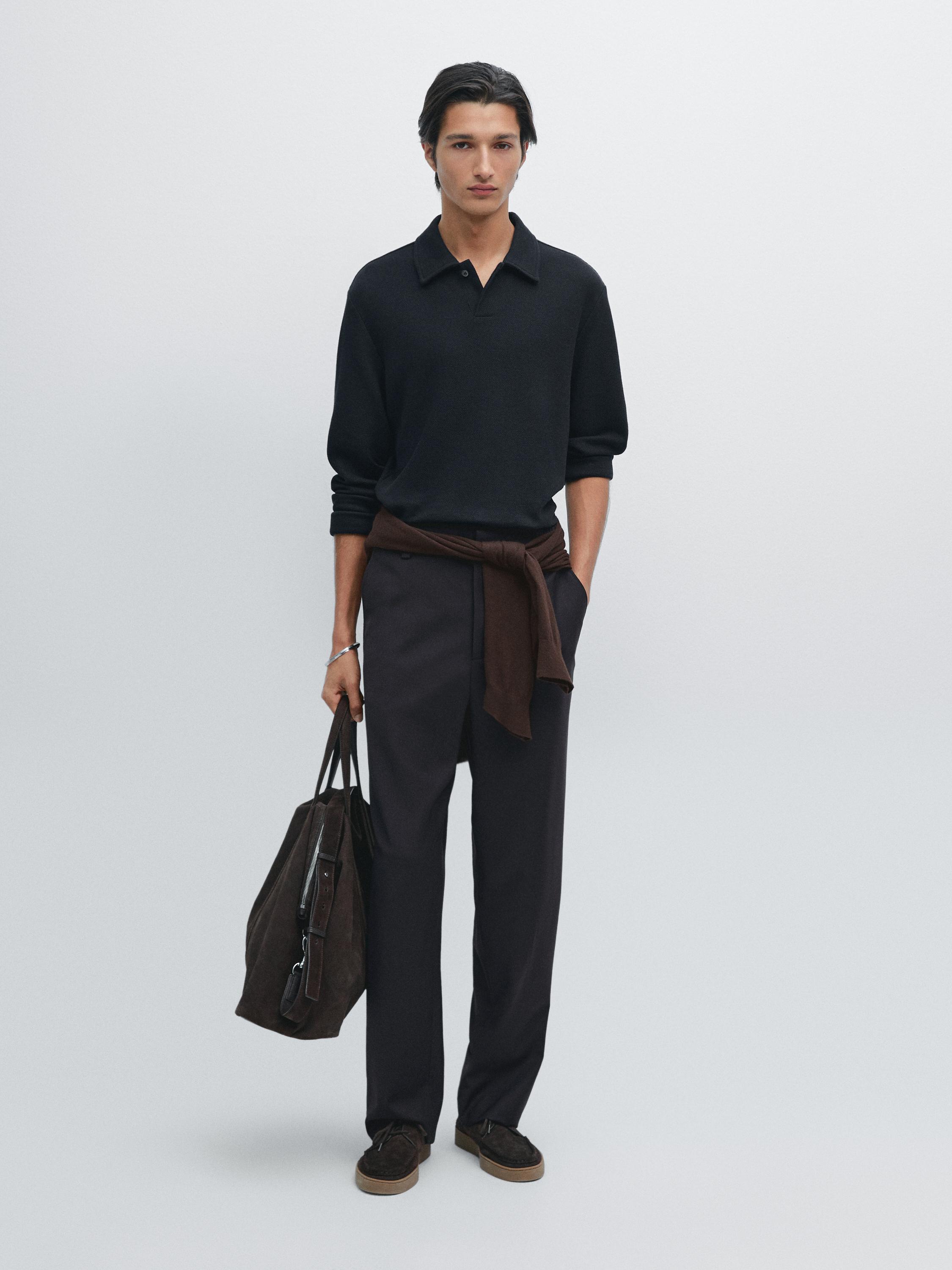 

Текстурированная рубашка-поло с длинным рукавом Massimo Dutti, темно-синий