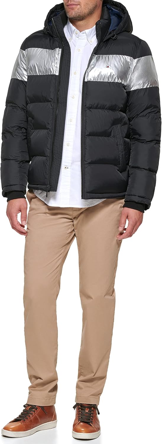 Мужская куртка-пуховик Tommy Hilfiger с капюшоном (стандартная и для больших и высоких), Black Silver Stripe — фото 4