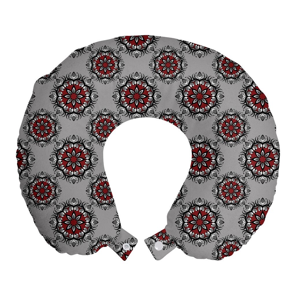

ABAKUHAUS Red and Black Travel Pillow Подушка для шеи, марокканская цветочная роза, пенопластовые дорожные принадлежности для самолета и автомобиля, 30x30 см, Светло-серый бордо-красный