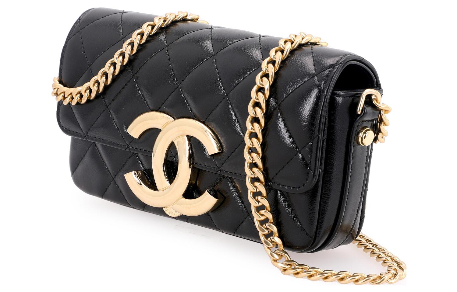 Блестящая кожа ягненка Мини плечевая сумка через тело женская черная CHANEL — фото 3