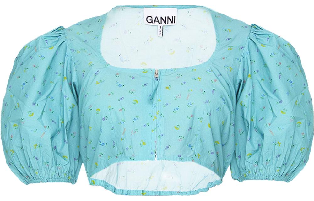 

Укороченная блузка с цветочным принтом Ganni, cyan