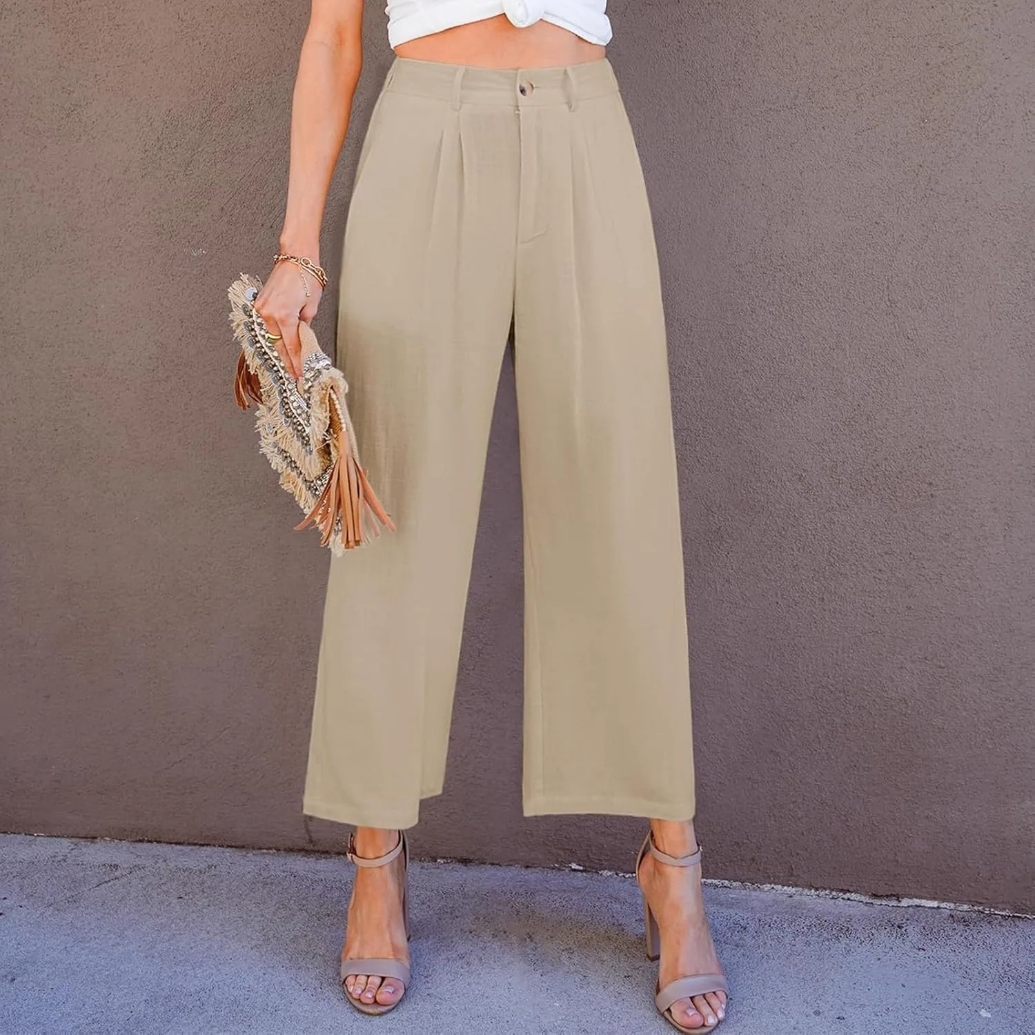 Укороченные льняные брюки женские High Waisted Wide Leg Capri летние для работы и офиса Casual с карманами Generic, бежевый — фото 2