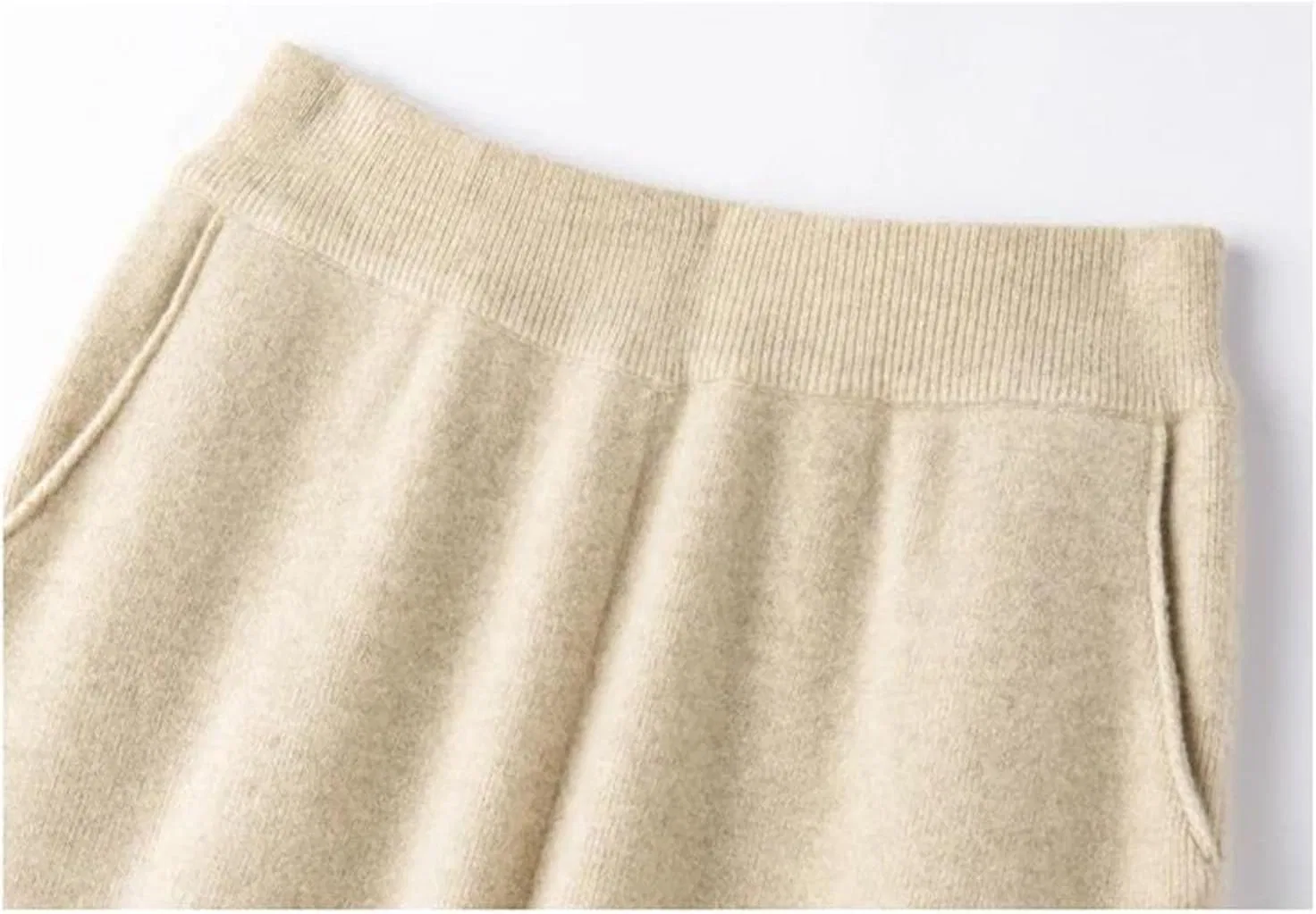 Женские брюки из шерсти, высокие, Elastic Waist, Khaki — фото 4