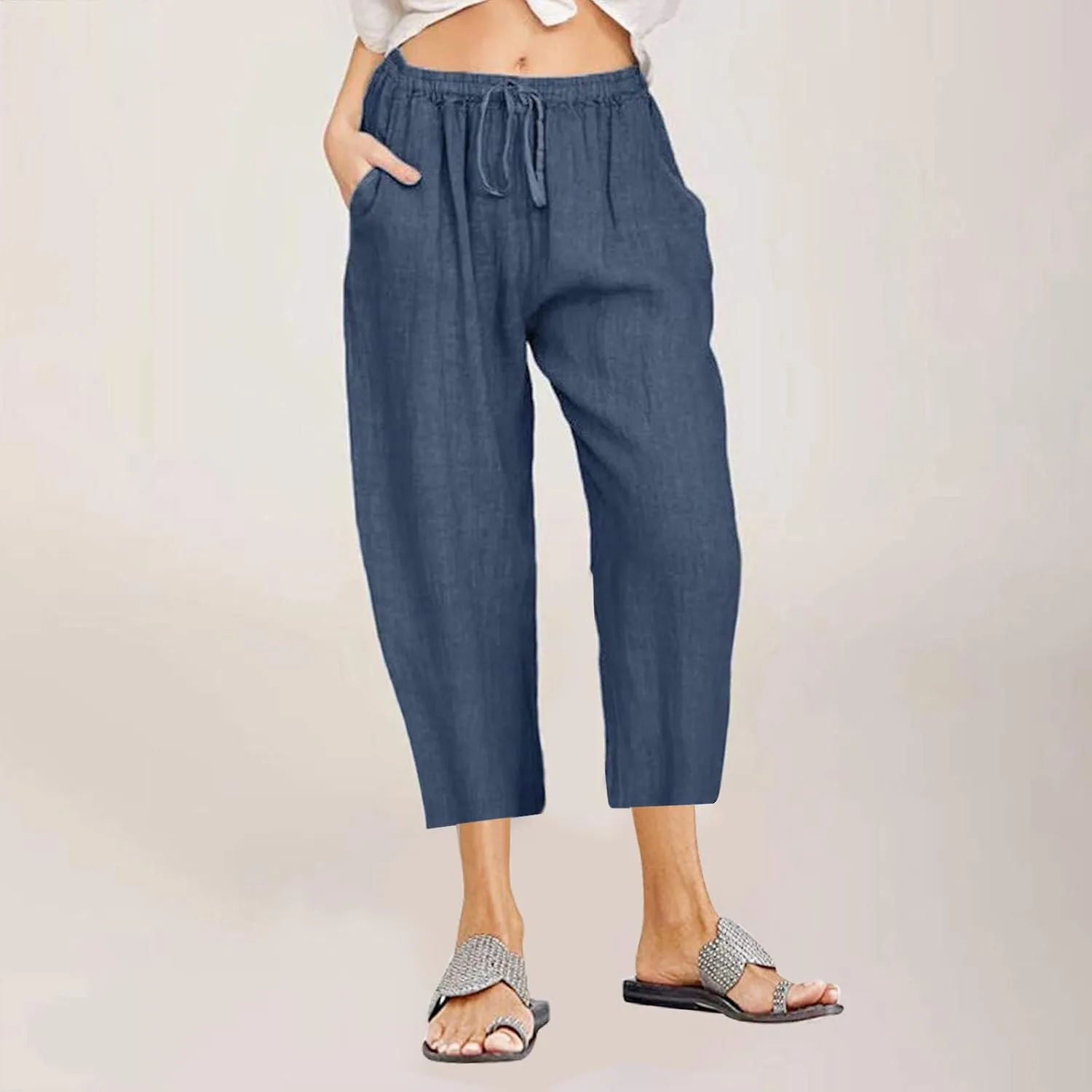 Льняные палаццо-капри для женщин Plus Size, летние широкие брюки с карманом — фото 2