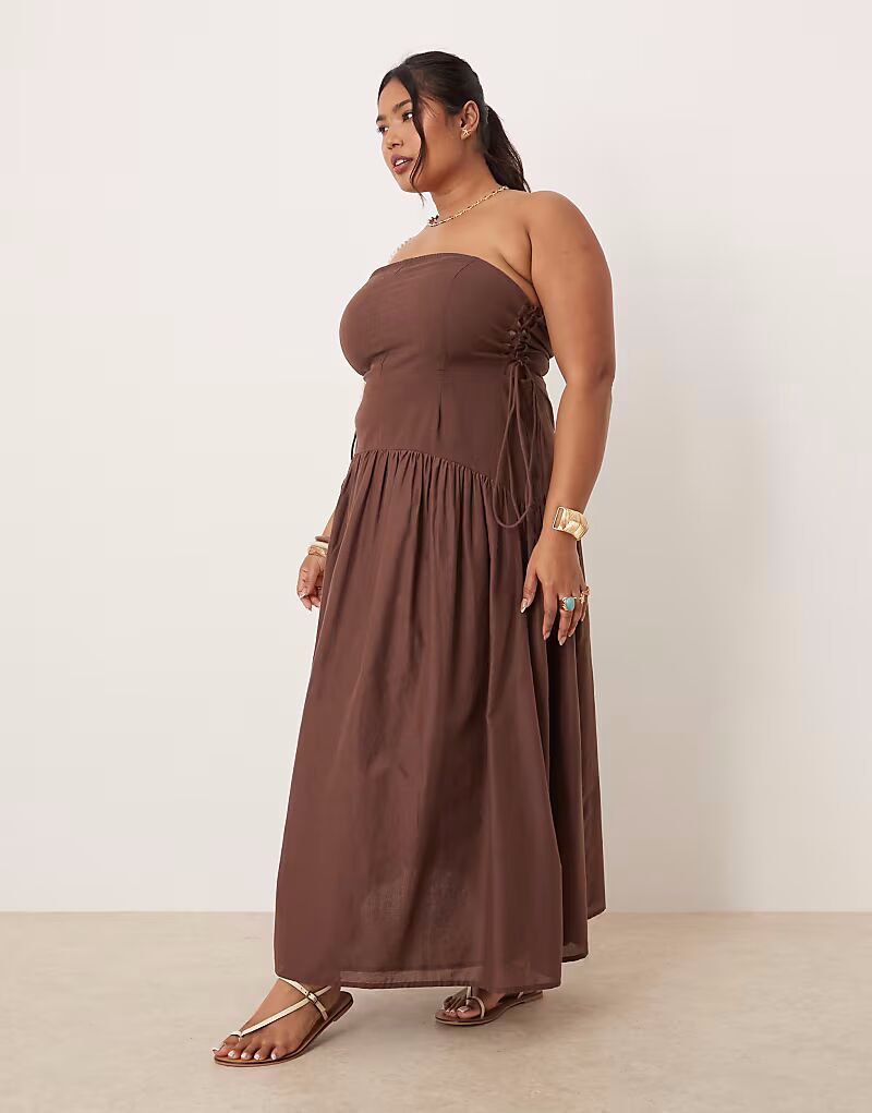 

Платье-бандо макси ASOS DESIGN Curve с заниженной талией и шнуровкой по бокам шоколадного цвета ASOS Curve
