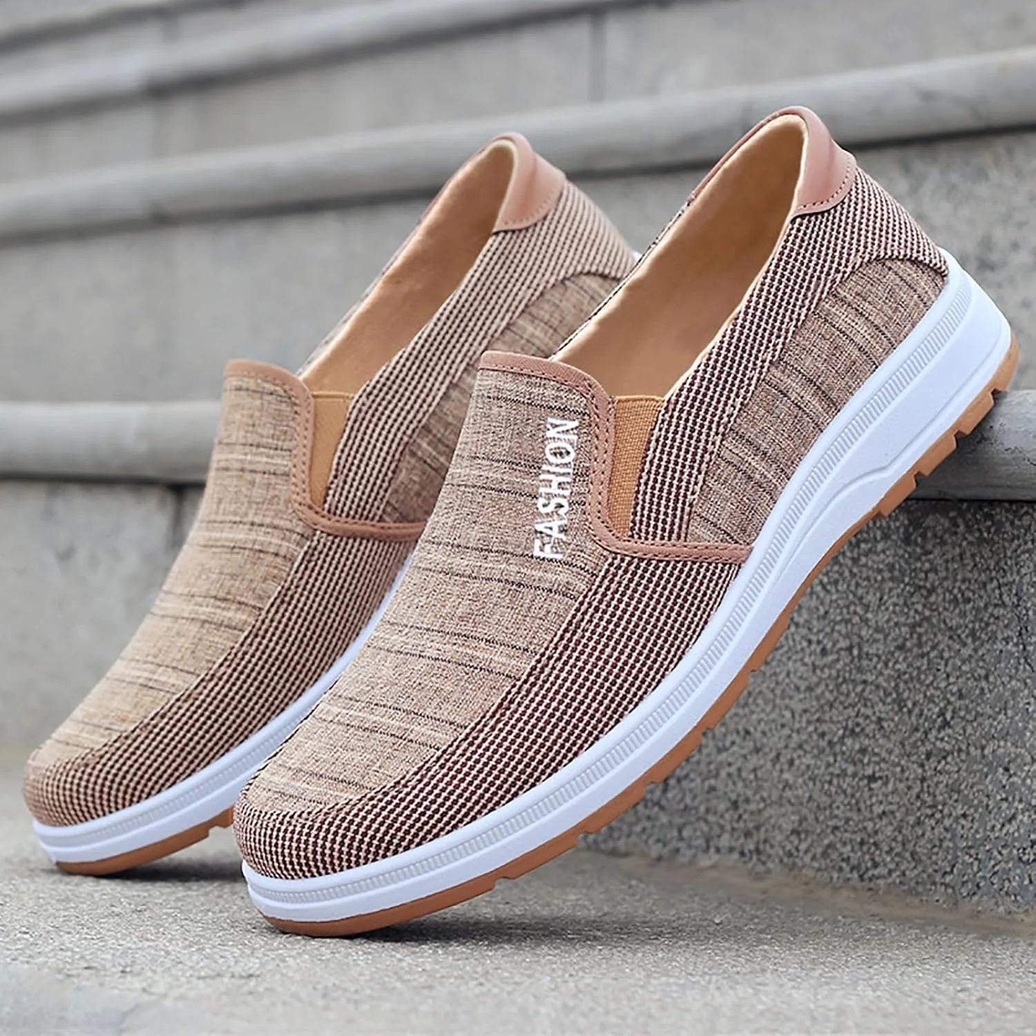 Кроссовки Herren Schuhe Modische Freizeitschuhe fur Herren fur alle Jahreszeiten, Flache Unterseite, runde Zehenparty, rutschfeste Stoffschuhe, einfarbig, bequem, elastisch und Flacher Mund Generic, хаки — фото 3