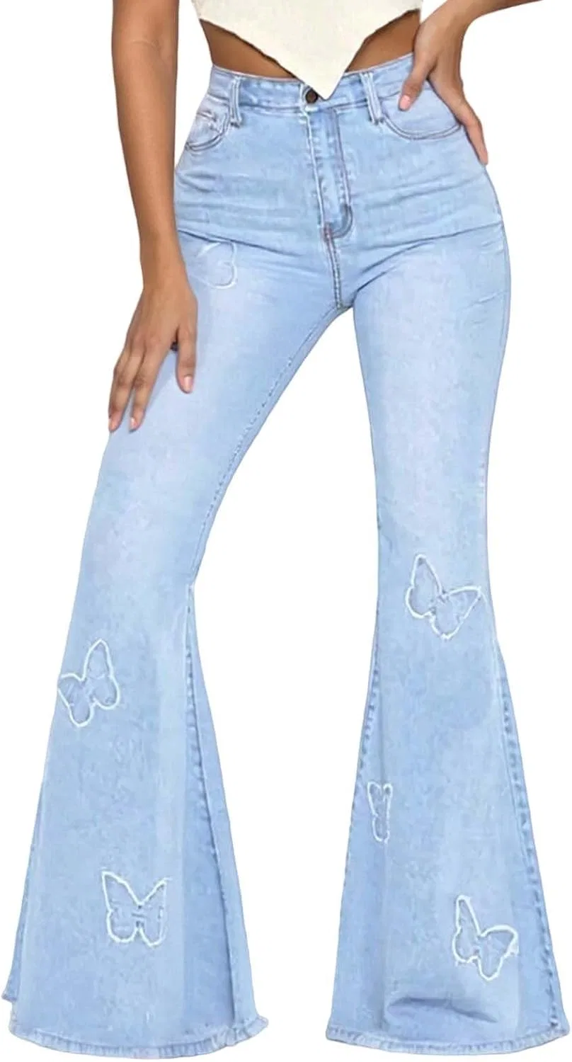 Джинсы клеш с вышивкой бабочек, Light Blue