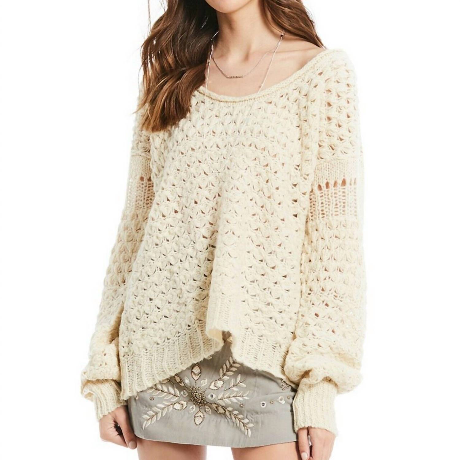 

Свитер из смеси шерсти, связанный крючком, цвета слоновой кости Free People