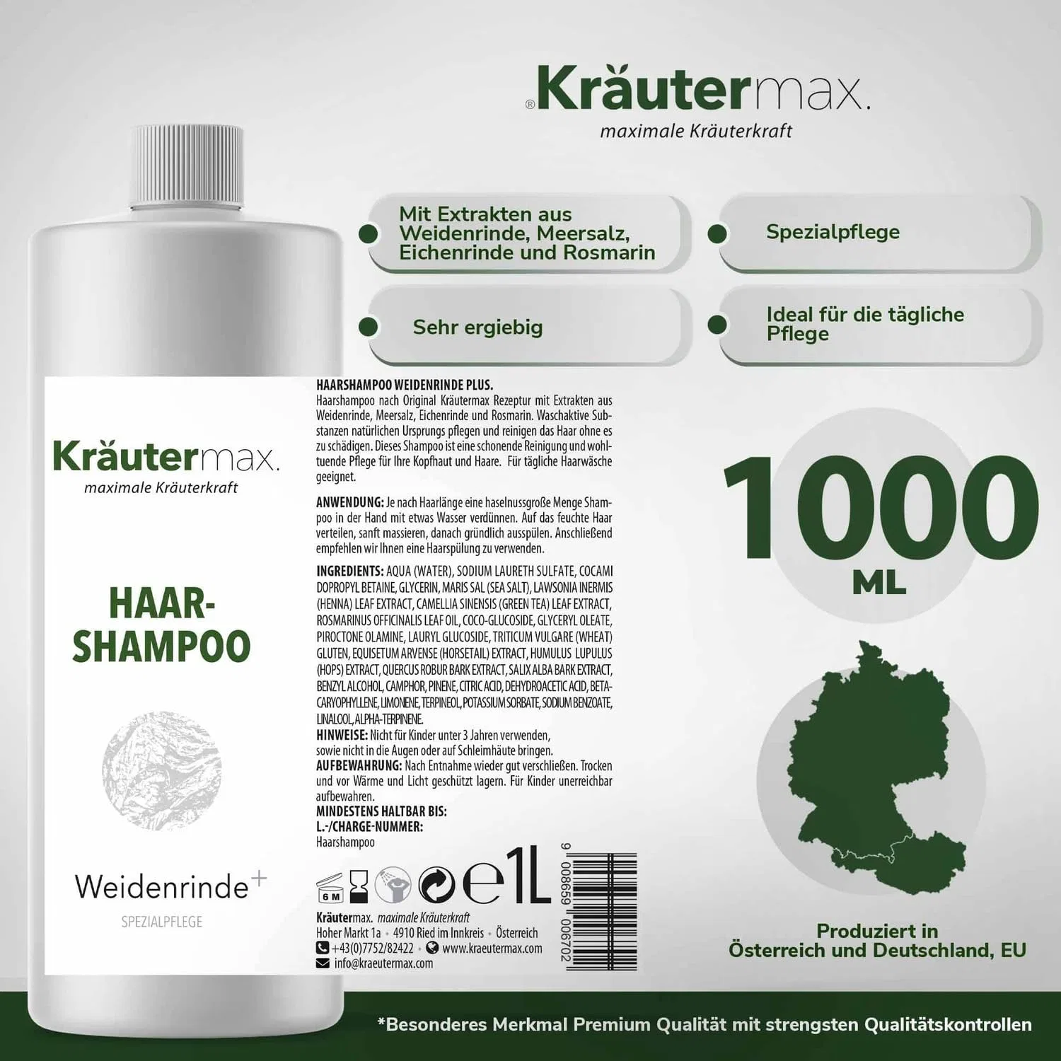 Шампунь Kräutermax с экстрактом ивы от вшей, 1000 мл Kräutermax. — фото 2