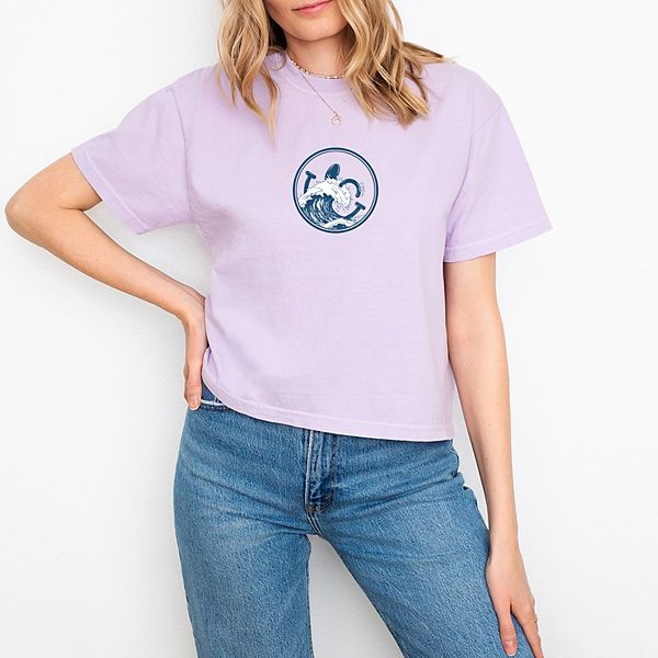 

SW smiley ocean waves outline - женский бокси кроп топ с принтом Simply Sage Market, Orchid